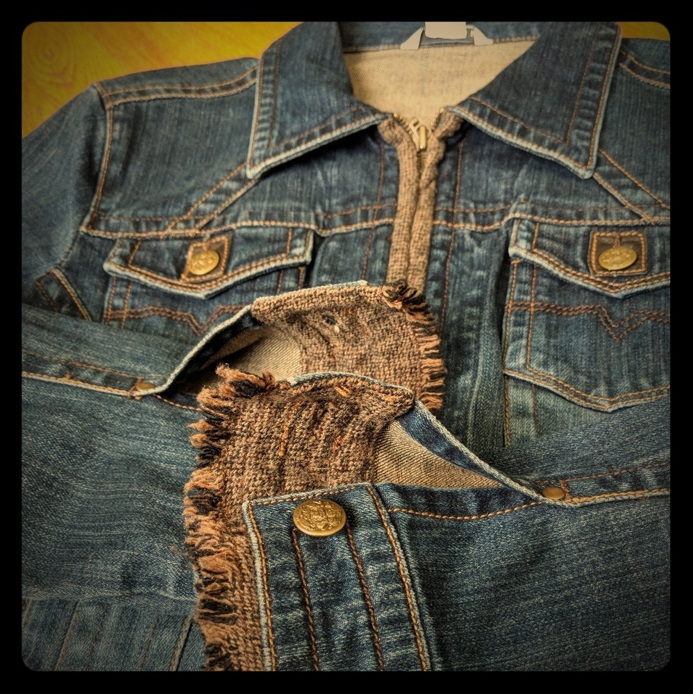 Cabi Tweed Fringe Full Zip Jean Jacket Size Large